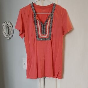 Kim Rogers Coral and Black Geometric Trim Tunic
